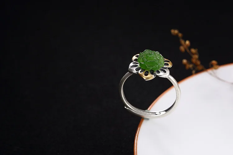 Uglyless Настоящее серебро 925 проба Bijoux натуральный нефрит зеленая Роза Открытое кольцо Роскошные яшмы кольца в виде цветков женское платье ювелирные изделия