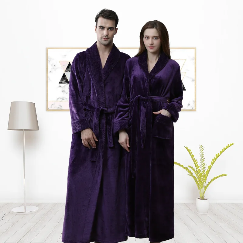 QWEEK Winter Stitching Womens Robes Sleepwear Plus Size Splid Color Bathrobes Homewear Flannel Couple Bath Robe Sleepwear