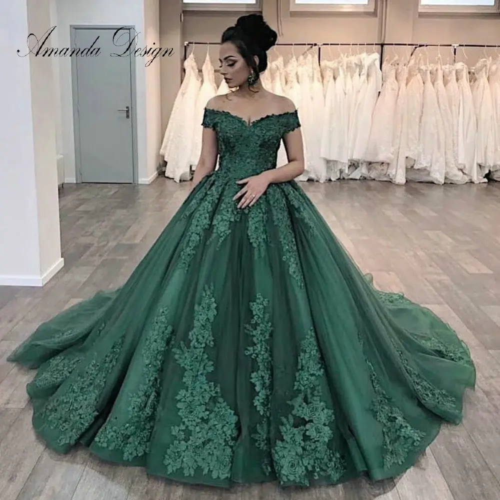 Vestido de novia винтажное платье с открытыми плечами короткий рукав кружевная Апликация Изумрудное свадебное платье - Цвет: Зеленый