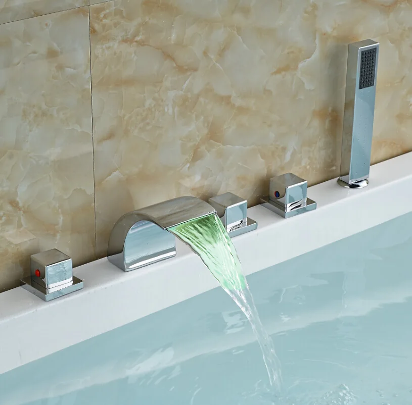 

Square Handles Widespread Waterfall Spout Bath Tub Shower Mixer Taps Color Changing Faucet