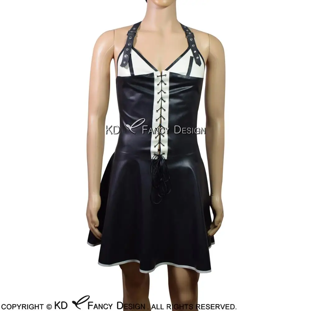 

Black With White Halter Sexy Latex Dress Backless With Lacing At Front Rubber Uniform Playsuit Bodycon LYQ-0009