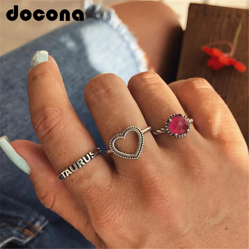 docona Red Rhinestone Heart Letter Knuckle Midi Rings Set for Women Girl Vintage Silver Color Crystal Ring Set Bague 5990