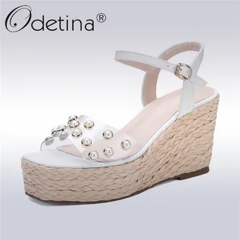 

Odetina New Fashion Wedges Sandals Women Pearl Transparent Film Square Peep Toes Shoes Straw Platform Heels Shoes Summer