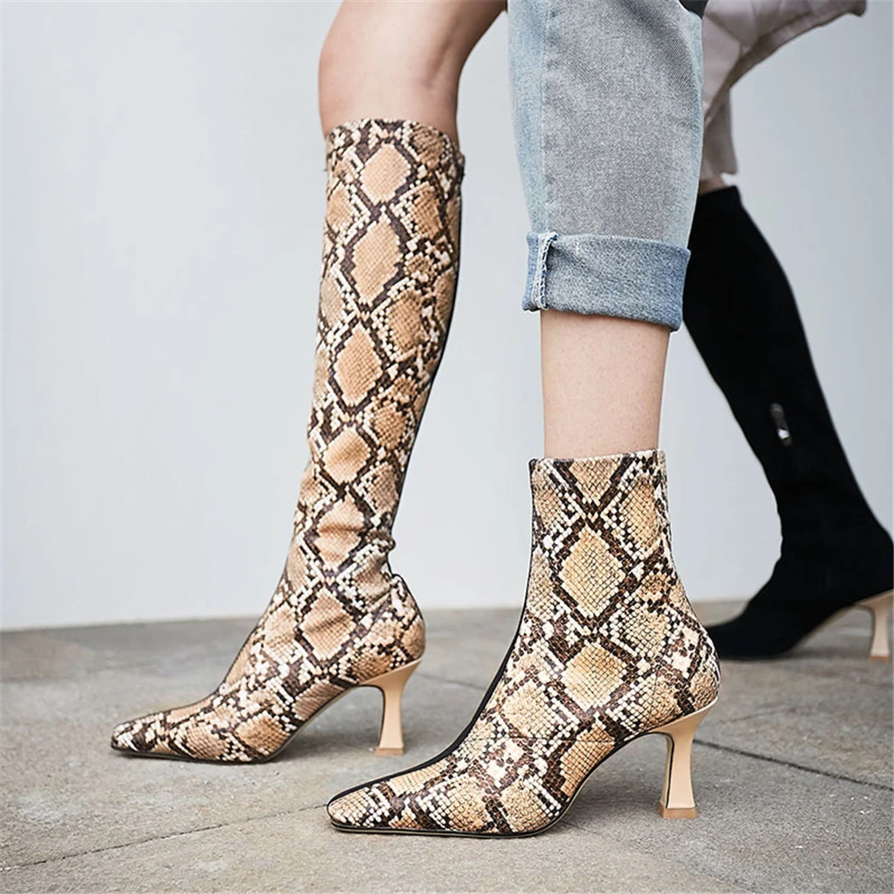 

fashion brand snake serpentine top quality add fur winter boots woman shoes zipper strange style heels shoes woman boots female
