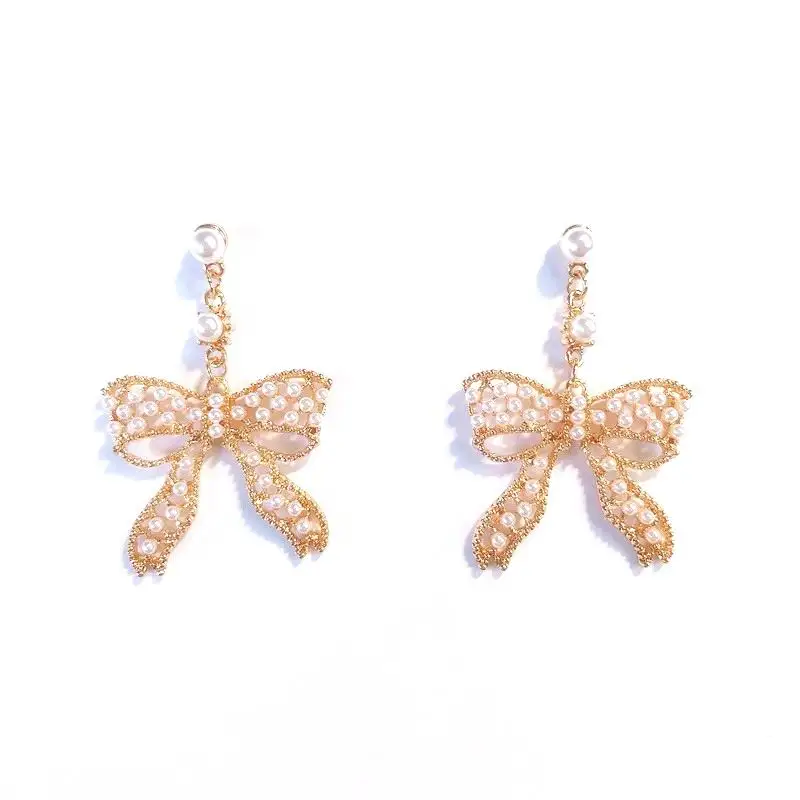 

Korean Statement Big Bowknot Drop Earrings For Women Fashion Jewelry Simulated Pearl Vintage Dangle Pendientes Trendy Oorbellen