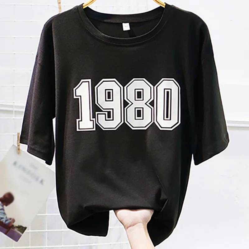 

Fashion Number 1980 Woman Short Sleeve Round Neck T Shirt Printed Normal Loose Tops Women Tees Teenage Latest Simple Clothing