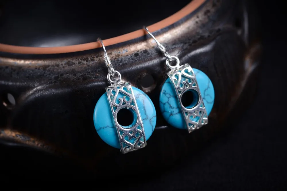 

Lady's Ladies Costume Jewelry Square Stone 925 Silver Ethnic Natural Stone bread silver big earrings