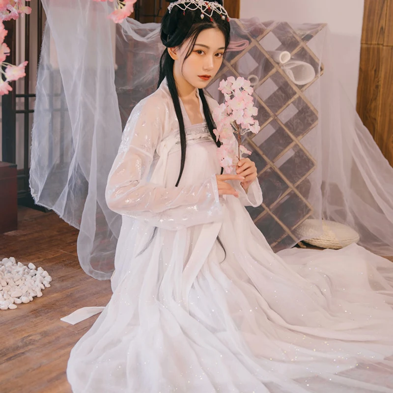 Hanfu женское белое платье феи Косплей Китайский древний костюм Взрослый фестиваль наряды танцевальный костюм для сцены белый Hanfu BL1981