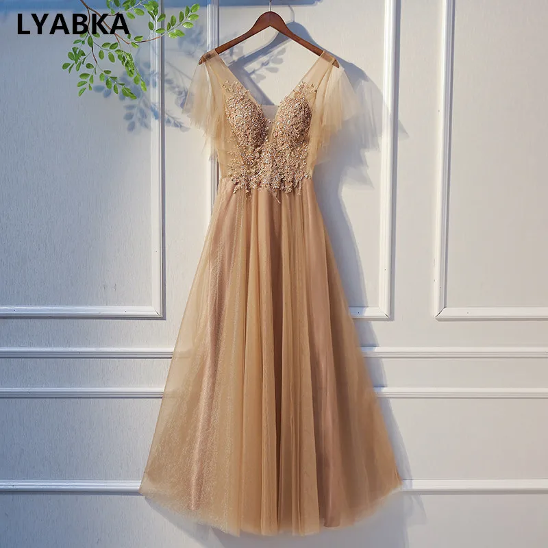 

V-Neck Short Sleeve Evening Dress Elegant Robe De Soiree Tulle With Appliques Evening Dresses Long Dress 2019 Vestido De Festa