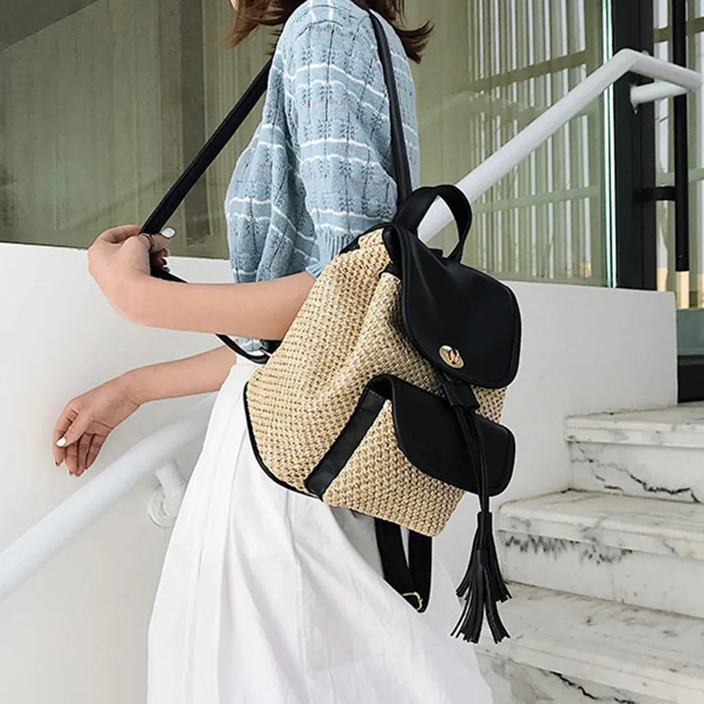 Женский тканый ротанг сумка рюкзак кожаные школьные сумки для девочек-подростков летняя пляжная сумка с кисточками для путешествий мини-рюкзак и сумка a dos