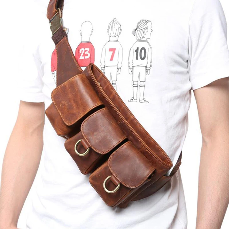 

Men Chest Pack Single Shoulder Back Bag Genuinel Leather Travel Men More Pockets Bags High Quality 100% Leather Waist Bag
