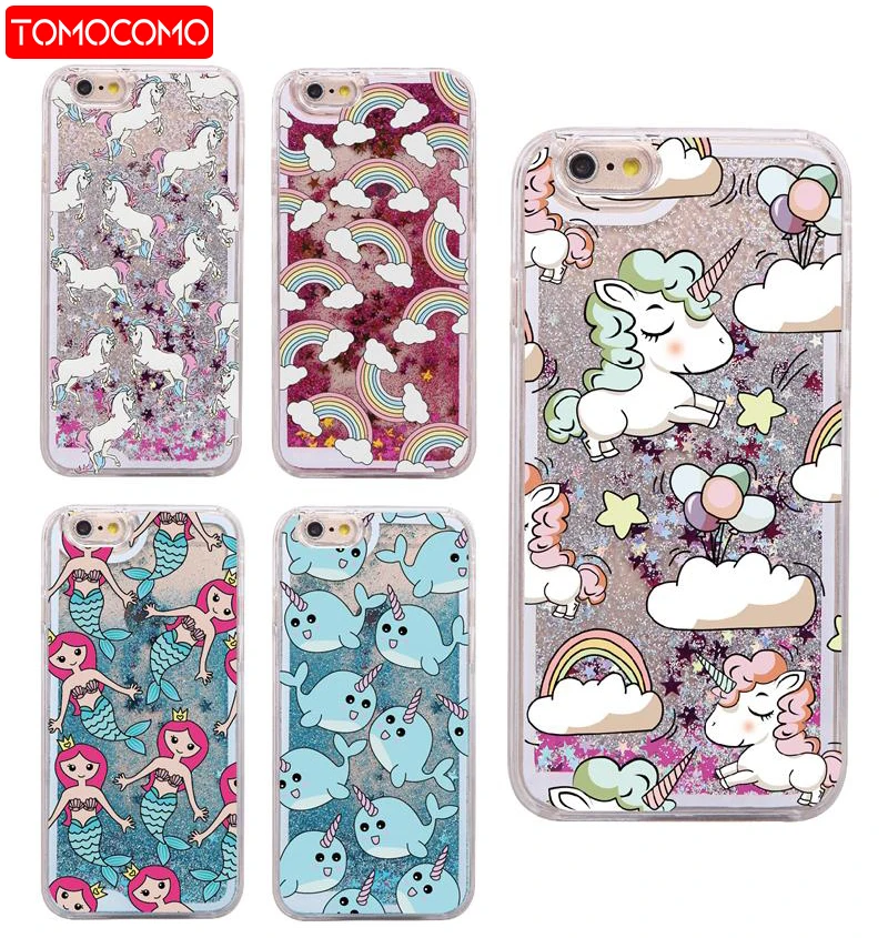 

For iPhone XS Max 6 6s 7 Plus Case Cover Lovely Unicorn Mermaid Dynamic Liquid Bling Star Hard PC Phone Cases Capa Fundas