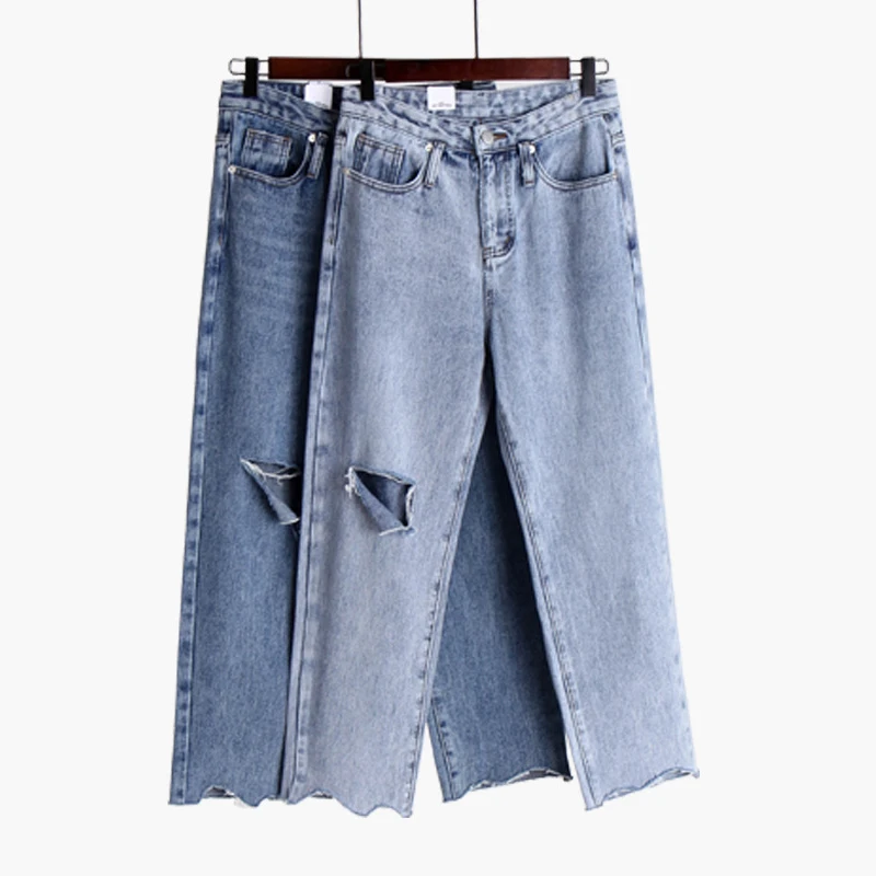 

2019 Navy Blue Ripped Loose Denim Jeans Summer Women Casual Button Fly High Waist New Style Trousers Female Plain Fashion Pants