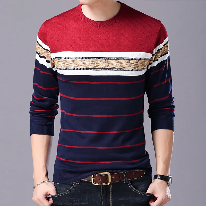 Men Sweater O-Neck Casual Striped Sweaters Winter Brand Mens Pullovers