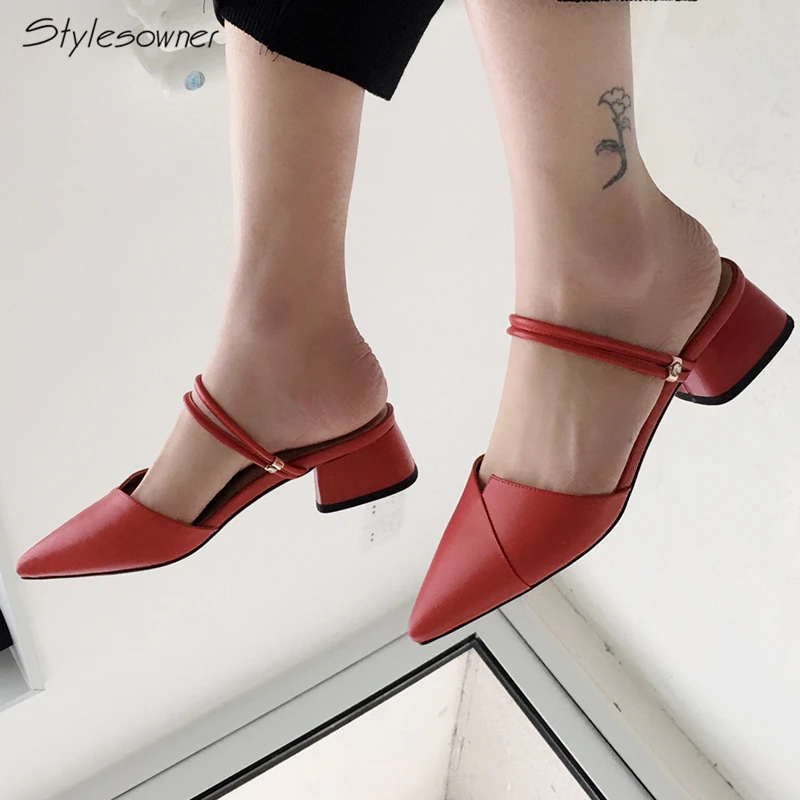 

Stylesowner New Arrival Women Slip On Chunky Heels Slippers Summer Two Ways Wearing Strap Pointed Toe Slides Shallow Mouth Shoes