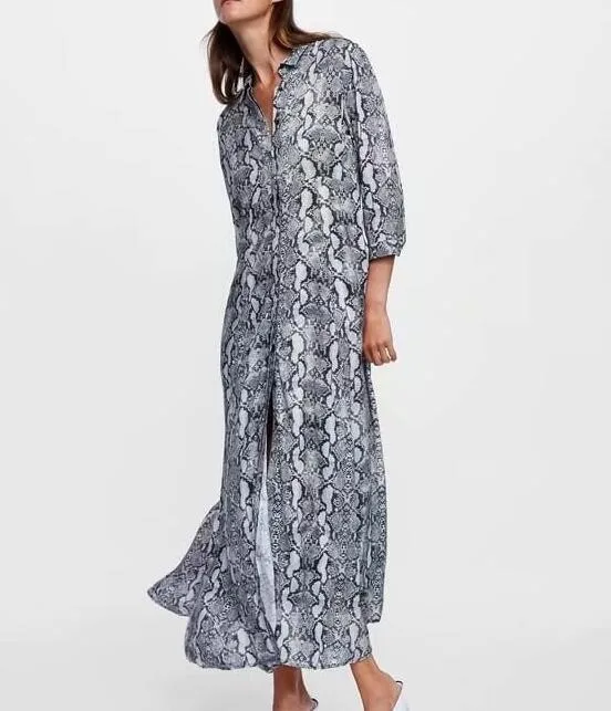 2018 Otoño de manga larga de serpiente vestido suelto Causal largo vestido largo ropa mujer