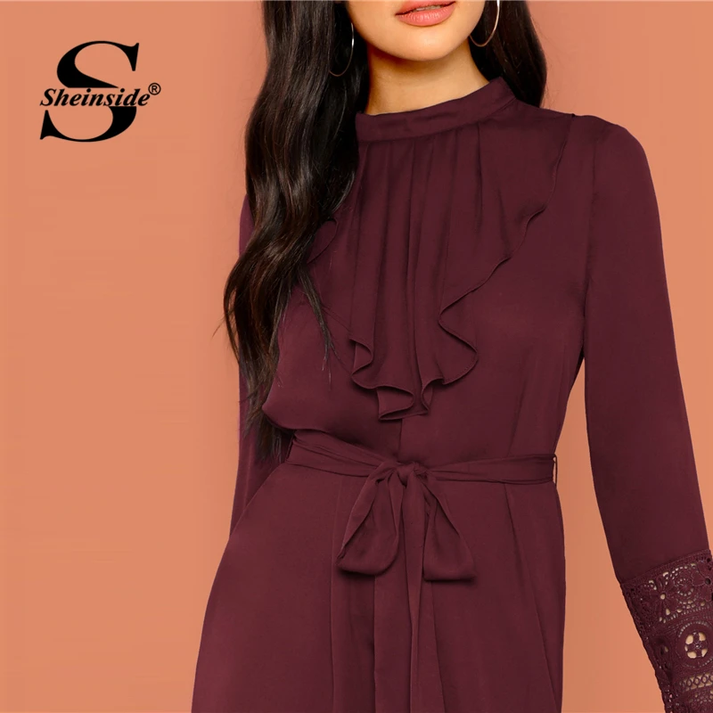 Sheinside бордовое плиссированное платье с кружевной отделкой и рюшами элегантное женское платье с длинным рукавом и поясом для вечеринок офисное женское платье трапециевидной формы миди