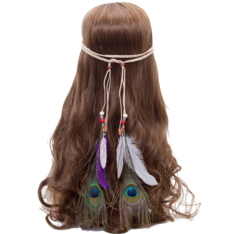 AWAYTR Бохо ободок с перьями павлина для Для женщин резинка для волос головной убор для хиппи резинки для волос регулируемый костюм с перьями на Хэллоуин с повязкой на голову