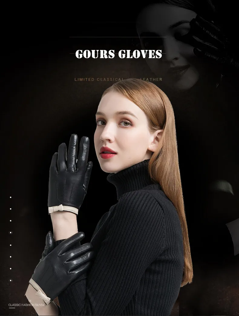 Gours перчатки из натуральной кожи для женщин, модные брендовые черные перчатки из козьей кожи, теплые зимние перчатки с бантиком, Новое поступление GSL049