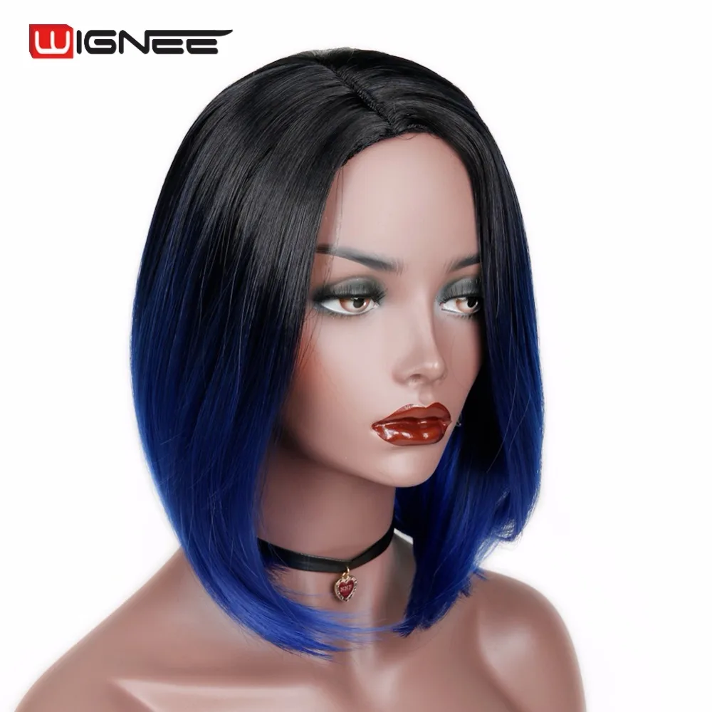 Wignee Ombre Warna Biru Pendek Lurus Bob Rambut Sintetis Wig Untuk