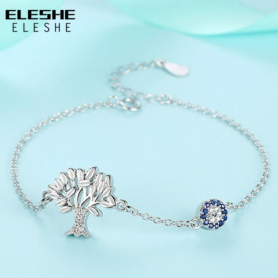 ELESHE Vintage Designer 925 Fashion Trendy Sterling Silver Tree of Life & Blue CZ Bracelets Link Chain Jewelry For Women