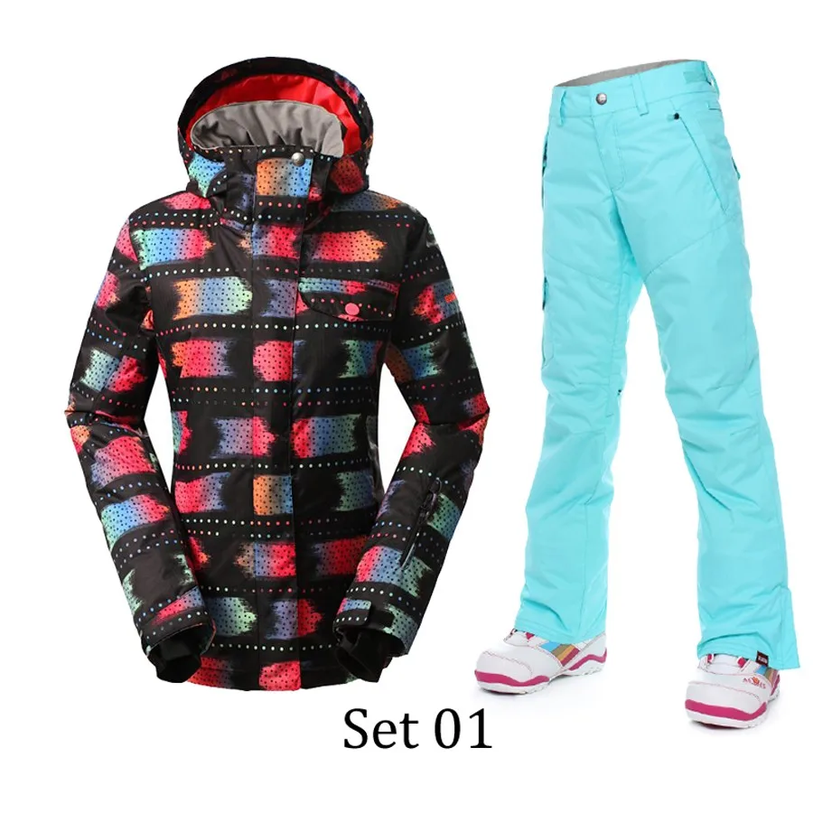 Лыжный костюм женские комплекты ветрозащитная дышащая водонепроницаемая сноубордская зимняя куртка+ брюки теплый комплект одежды - Цвет: 01