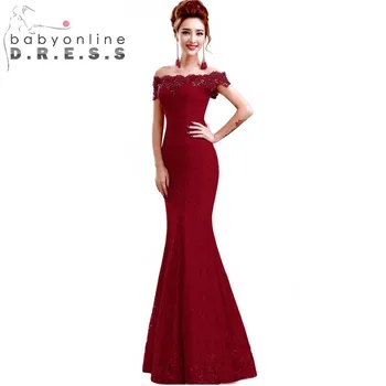 In Stock Elegant Beads Lace Mermaid Long Evening Dress 2017 Cheap Red Prom Dresses Robe De Soiree Off The Shoulder Party Dress