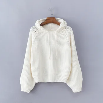 

2018 Autumn And Winter Women's Pullover Sweater Europe And The United States Casual Pearl Hooded Tied Bandwidth Loose Sweater