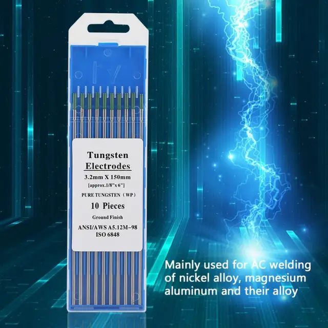 10Pcs Pure Tungsten Electrodes WP Green Tip 1.0/1.6/2.0/2.4/3.2mm for AC Tig Welding