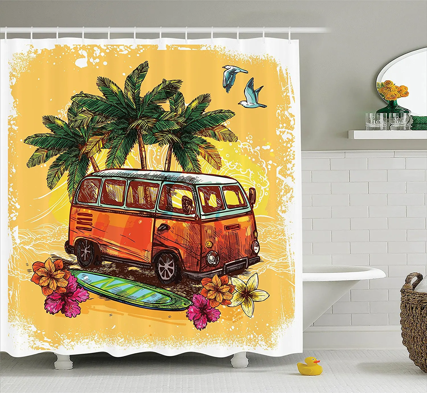 

Surf Shower Curtain Hippie Classic Old Bus with Surfboard Freedom Holiday Exotic Life Sketchy Art Fabric Bathroom Decor Set