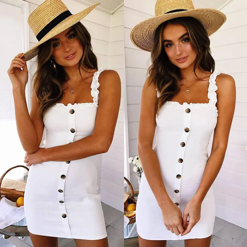 

Fashion 2019 Women Fashion Summer Sleeveless Strapless Button Down Swing Mini Dress White Beach Casual Summer Dress Vestidos