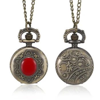 

1 Pcs Men Women Bronze Quartz Pocket Watch Retro Carved Case with Chain Red Blue Gemstone LXH