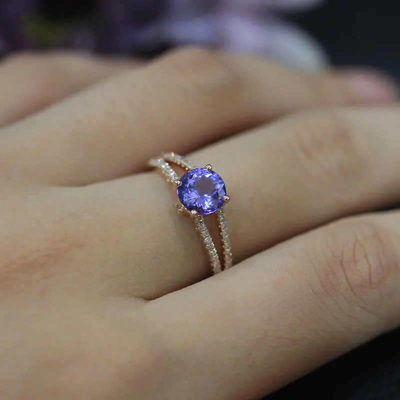 Дюпюи классический Обручение кольцо 7 мм 1.4ct Круглый Cut Танзанит Кольца Зубец Параметр Diamond 14 К розовое золото обручальные d180342