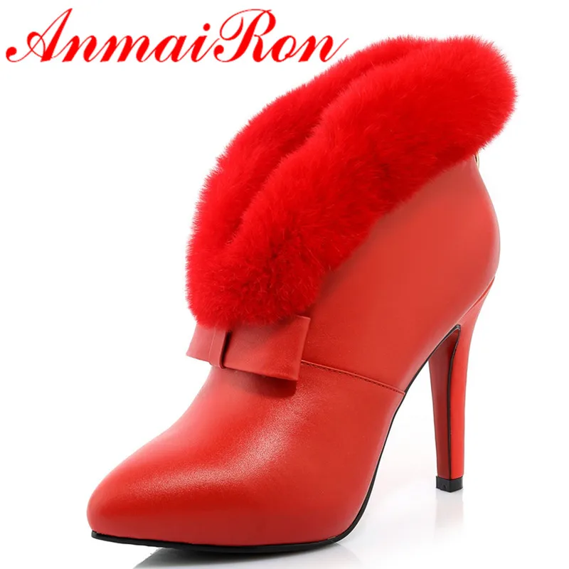 ФОТО ANMAIRON Sexy Red Pointed Toe Ankle Boots for Women Zippers Bowties Charms High Heels Platform Shoes Motorcycle Boots Size 34-39