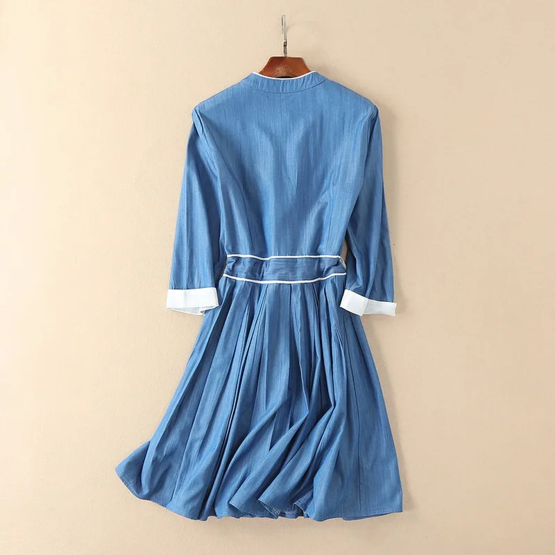 100% Cotton Denim Dress Casual Spring Jeans Women Dress 2018 Fashion Ladies Drawstring Waist A-Line Blue Denim Clothes Street