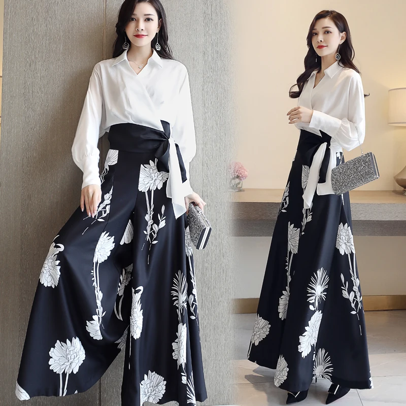 

Two Piece Pant Suits 2019 Spring Women's floral Sets Long Sleeve Blouse Shirt Top and wide leg flowers Pants trousers Suit