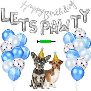 

Fashion Pet Happy Birthday Decoration Set Includes Foil Balloons With Banner Birthday Hats Inflator For Dogs Cats Birthday Party