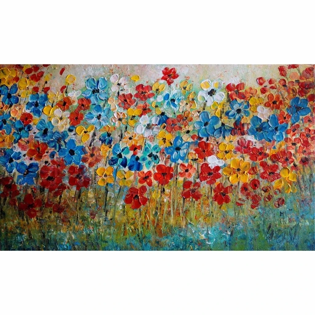 Daisies Colorful Impasto Canvas Painting White, Blue, Yellow, Orange (4)