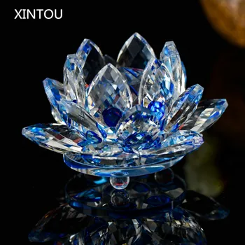 

XINTOU Large Crystal Glass Lotus Flower Figurines Miniatures Feng shui Neon lamp Decoration led light Terrarium Decor Accessorie