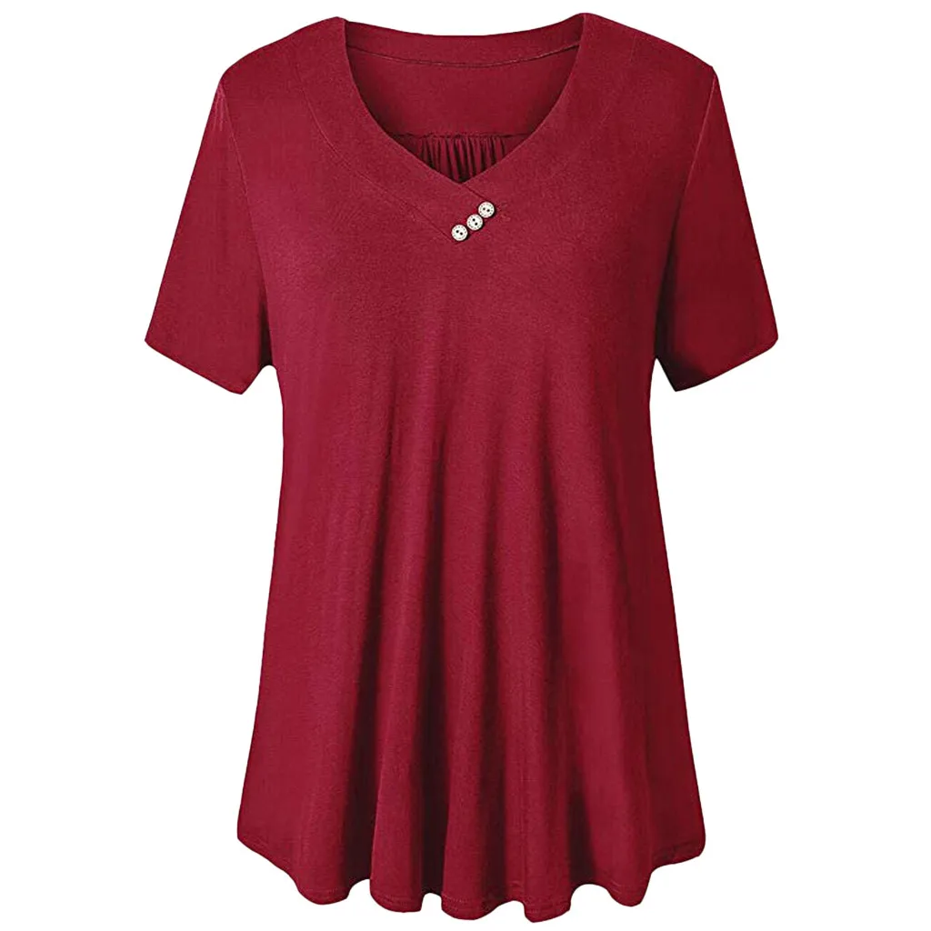 

Women Clothes 2019 Blouse Plus Size Solid Colors V Neck Short Sleeve With Buttons Blusas Tops Loose Pleated Draped Womens Shirt