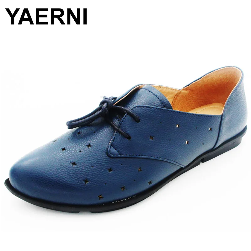 

YAERNI Shoes Woman Flat Genuine Leather Pointed toe Flats Hollow out Summer Footwear 2017 Ladies Flat Shoes