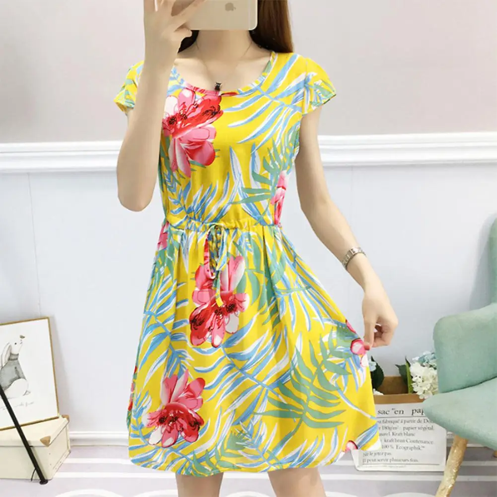 Yiwa Woman A-line Mid-length Lace-up Waisted Dress Floral Loose Printing Dress Resistant Short Sleeve Women's Clothing Dress