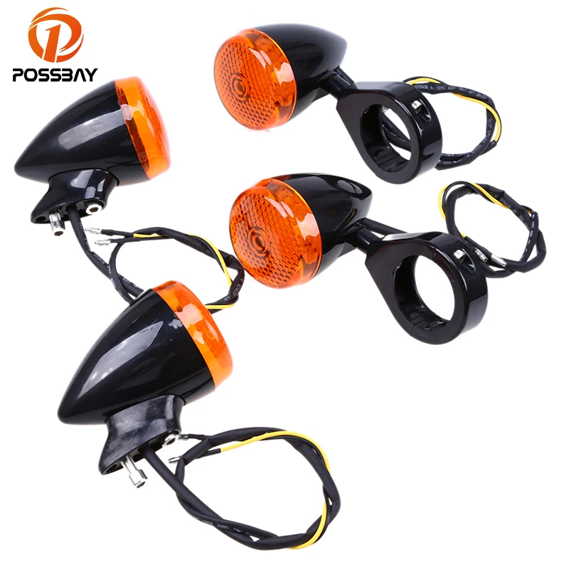 

POSSBAY 4pcs Black Motorcycle LED Turn Signals Amber Motorbike Blinker Lamps Light Flasher With 39mm/41mm Fork Clamp for Harley
