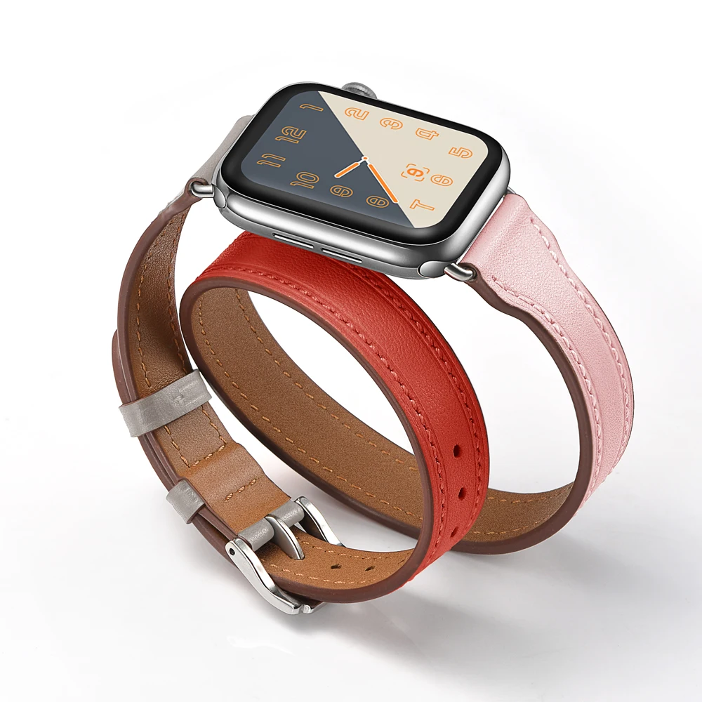 

Luxury Bracelet Double Loop Band For Apple Watch Strap 38mm 40mm 42mm 44mm Genuine Leather For iwatch Series 1 2 3 4 Watchband