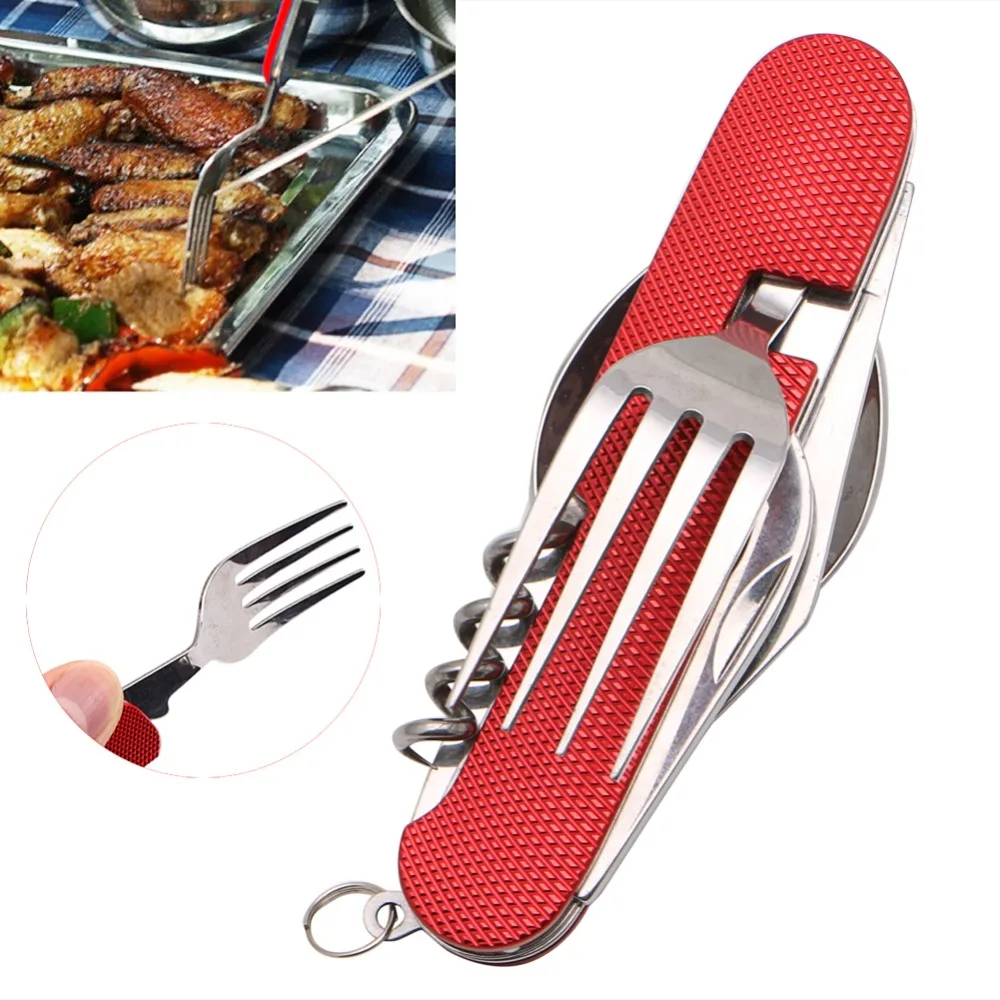 3 en 1 plegable Vajilla Acero inoxidable cuchara Tenedores cuchillo herramienta multifunción para camping al aire libre picnic