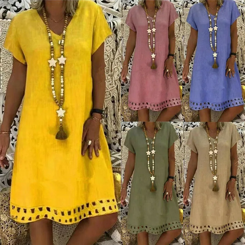 

Women's Summer Boho Casual and Loose Solid Ultrathin and Breathable V-Neck Evening Party Short Sleeve Mini Dresses