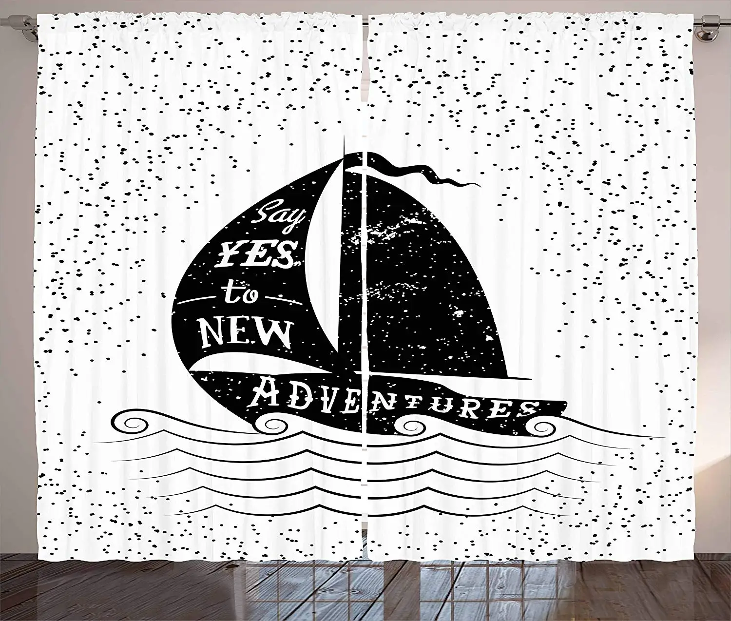 Nautical Blackout Curtains Hand Drawn Boat on Wavy Ocean Say Yes to New Adventures Monochrome Design Living Room Window Drapes | Дом и сад
