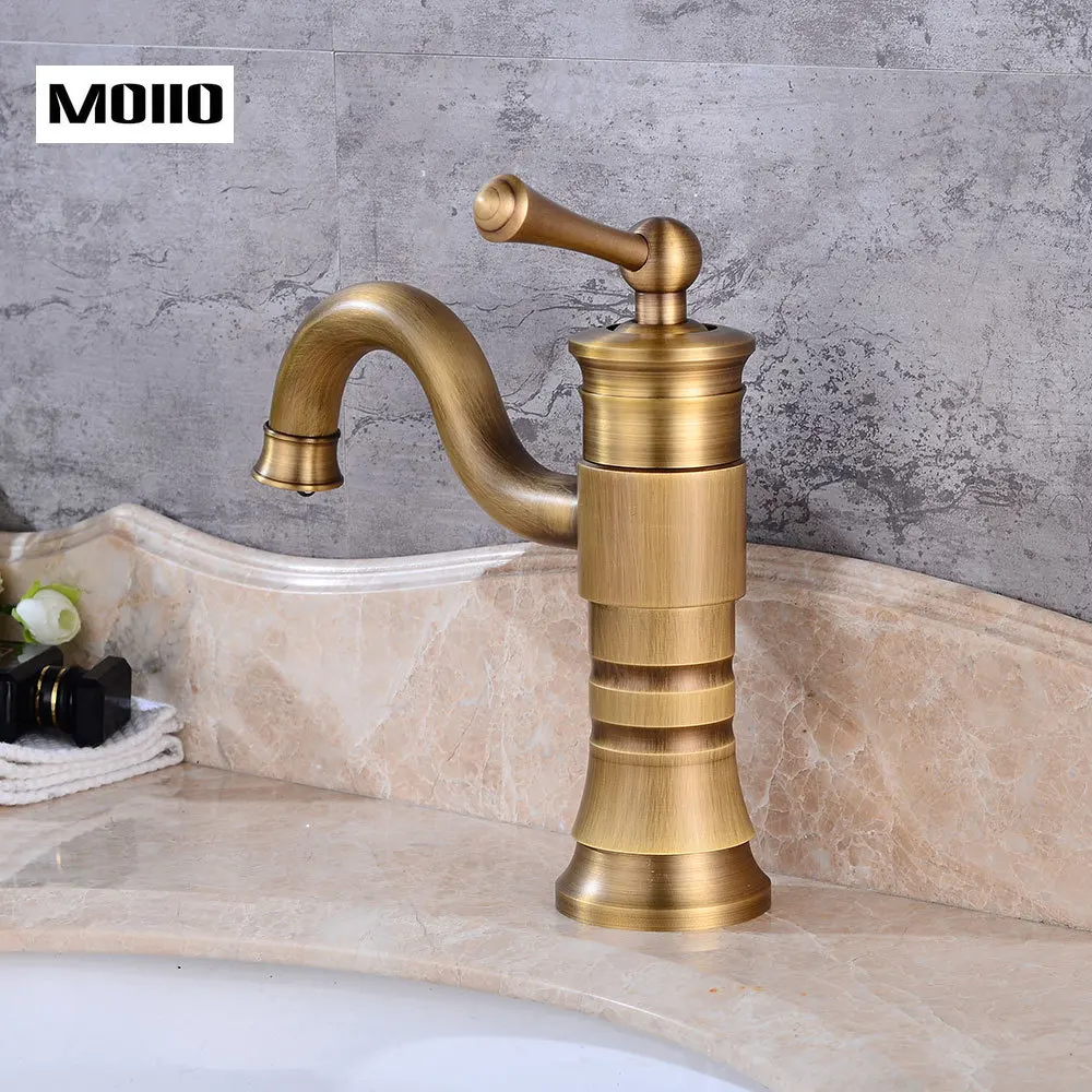 MOIIO Antique Brass Vessel Faucet Luxury Vanity Basin Faucet Single Handle Bathroom Sink Mixer Tap Hot& Cold Gold Sink Faucet
