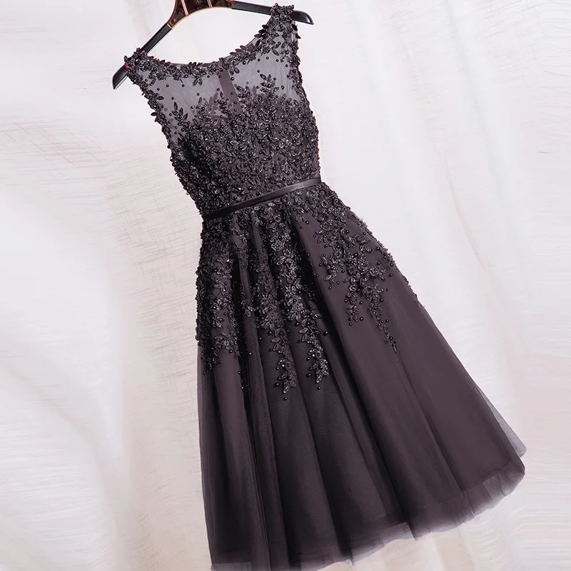 Robe De Soiree розовые кружевные Короткие вечерние платья с вышивкой бисером Перспектива с открытой спиной модное элегантное вечернее платье - Цвет: Черный