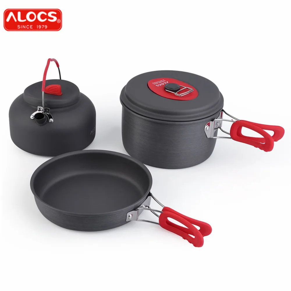 ALOCS антипригарная алюминиевая походная посуда, ультралегкий набор для приготовления пищи на открытом воздухе, для пикника, походный горшок, кастрюля, чайник, посуда для 2-3 людей, 19т